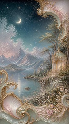 a tranquil mountain lake beneath a starry night sky, no people, no text
