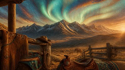 a flowing aurora over snowy peaks, wide sweeping composition, no people, no text