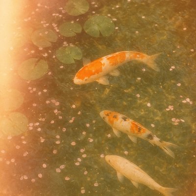 A koi pond seen from above, orange and white koi fish swimming among lily pads, clear water with subtle ripples, fallen cherry blossom petals floating on the surface, dappled sunlight