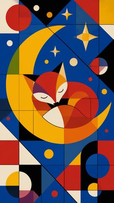 a sleeping baby fox curled on a crescent moon among soft stars, gentle and warm, no text
