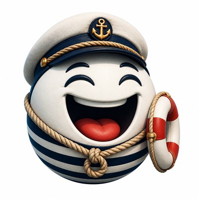 an exaggerated laughing face of an original round mascot character, bold and readable at small size, plain background, no text