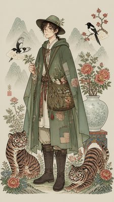 full-body original character: a wandering botanist with a satchel of plants, a patched green cloak, tall boots and round glasses, neutral background