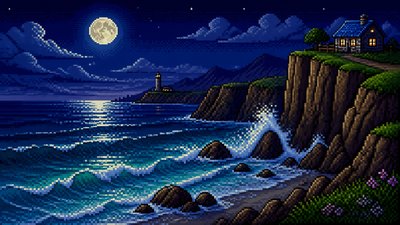 a moonlit coastline with cliffs and crashing surf, no people