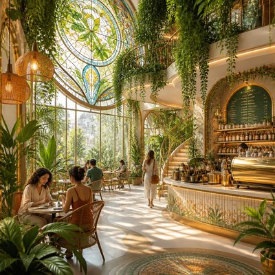 cozy cafe interior with warm lighting