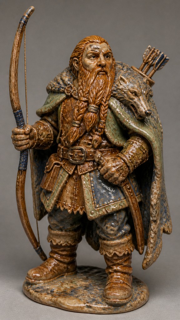 full-body original character: a dwarven ranger with a braided auburn beard, worn leather armor, a longbow and a wolf-pelt cloak, neutral background, no text