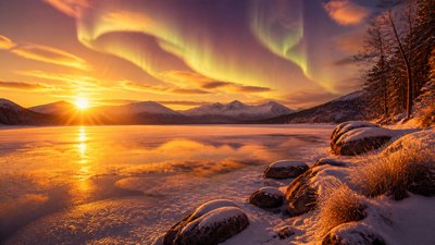 a sweeping aurora over a frozen lake, no people