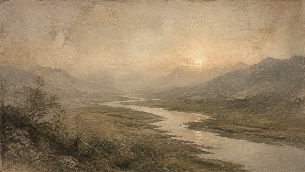 a vast valley with a river winding toward distant mountains at sunrise, no people, no text