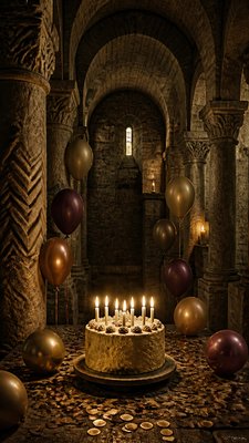 a birthday cake with lit candles surrounded by balloons and confetti, festive vertical composition, no text