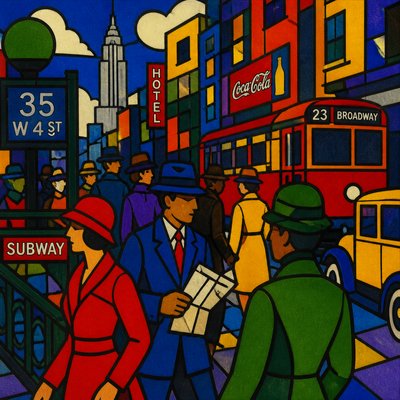 urban street with city activity — Cloisonnism Art Style