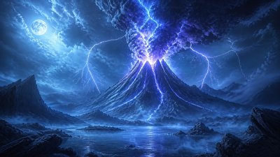an erupting volcano with lightning strikes, dramatic wide composition, no text