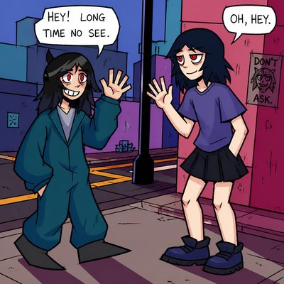 Two adults meeting on the street. 
They're greeting at each other.