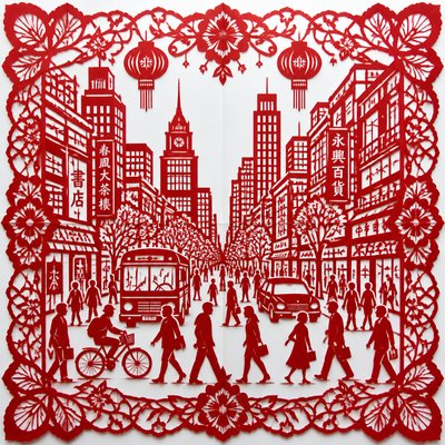 urban street with city activity — Papercutting Art Style