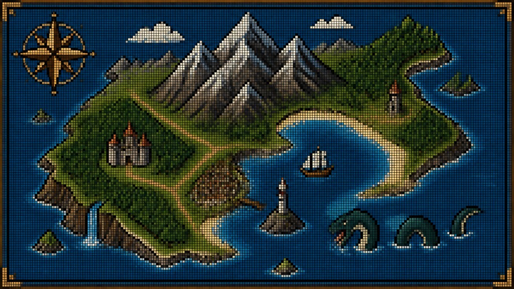 a map of an island realm with mountains, forests, a sheltered bay, sea monsters in the water and a compass rose, no text labels