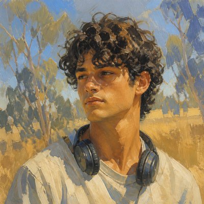head-and-shoulders portrait of an original character: a young man with curly dark hair and headphones around his neck, plain backdrop, no text