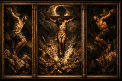 A triptych oil painting, presented as three heavily framed, connected panels in the dramatic, tenebrism style of Baroque masters like Caravaggio. The overall atmosphere is one of supernatural, oppressive darkness and violent chaos.

The Left Panel shows the penitent thief on his cross, body twisted in pain but his face turned toward the center panel with a look of sorrowful acceptance. A faint, supernatural light illuminates his face against a nearly black sky. Below him, rocks are splitting.

The Center Panel is dominated by Jesus on the cross, head bowed in finality. The sky is a swirling vortex of eclipse darkness, blotting out the sun. The ground beneath the cross is violently cracking open, emitting dust and smoke, with debris caught in mid-air from the earthquake shockwave.

The Right Panel shows the impenitent thief, writhing and screaming against his bonds, his face contorted in rage looking away from the center. He is almost swallowed by the shadows. The cross appears unstable as the cliffside crumbles beneath it. The entire triptych has a rich, dark color palette of deep browns, blacks, and muted crimson, textured with visible, frantic brushstrokes.