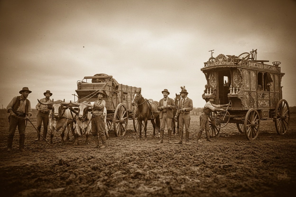 A highly realistic and historically accurate image set in the deep, waterlogged mud of the Texas Cross Timbers (Montague County) in 1840. The scene captures the frustrating moment when the Chihuahua Traders caravan is completely stuck. Foreground focus is on several heavy, wooden Conestoga freight wagons, mired up to their axles in dark, thick mud. Exhausted oxen are straining and distressed, their drivers in rough frontier attire attempting to free the wheels with ropes and levers. In the mid-ground, a small group of the American equestrian circus performers stands next to their distinctive, high-quality riding horses, which are visibly more refined than the typical pack animals. The performers are dressed in sturdy but distinct traveling clothes, looking ill-equipped and frustrated by the muddy conditions. One performer is carefully securing a colorful carriage or cart containing unique circus props, struggling to keep it from sinking. The overall mood is one of miserable delay and hardship. Cloudy, oppressive sky; detailed realism; wide-angle shot; dark, moody lighting.