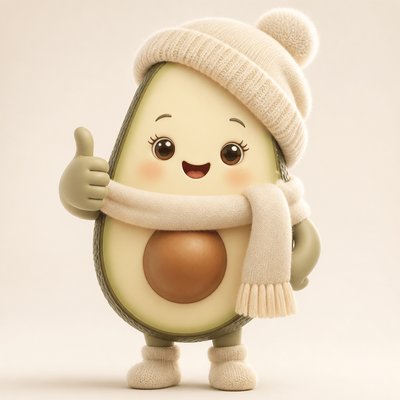 a happy avocado character giving a thumbs up, bold readable design on a plain background, no text