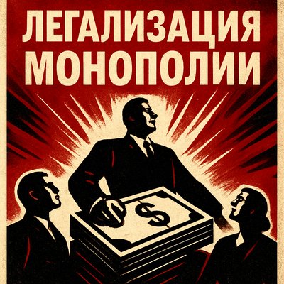 агитационный плакат с поправкой в 34 статью конституции РФ. Суть поправки: легализация монополии. Посредине изображения человечки и деньги, словами написано "Легализация монополии"
весь текст на русском языке, минимум текста, больше картинок, символов 