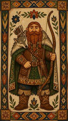 full-body original character: a dwarven ranger with a braided auburn beard, worn leather armor, a longbow and a wolf-pelt cloak, neutral background, no text