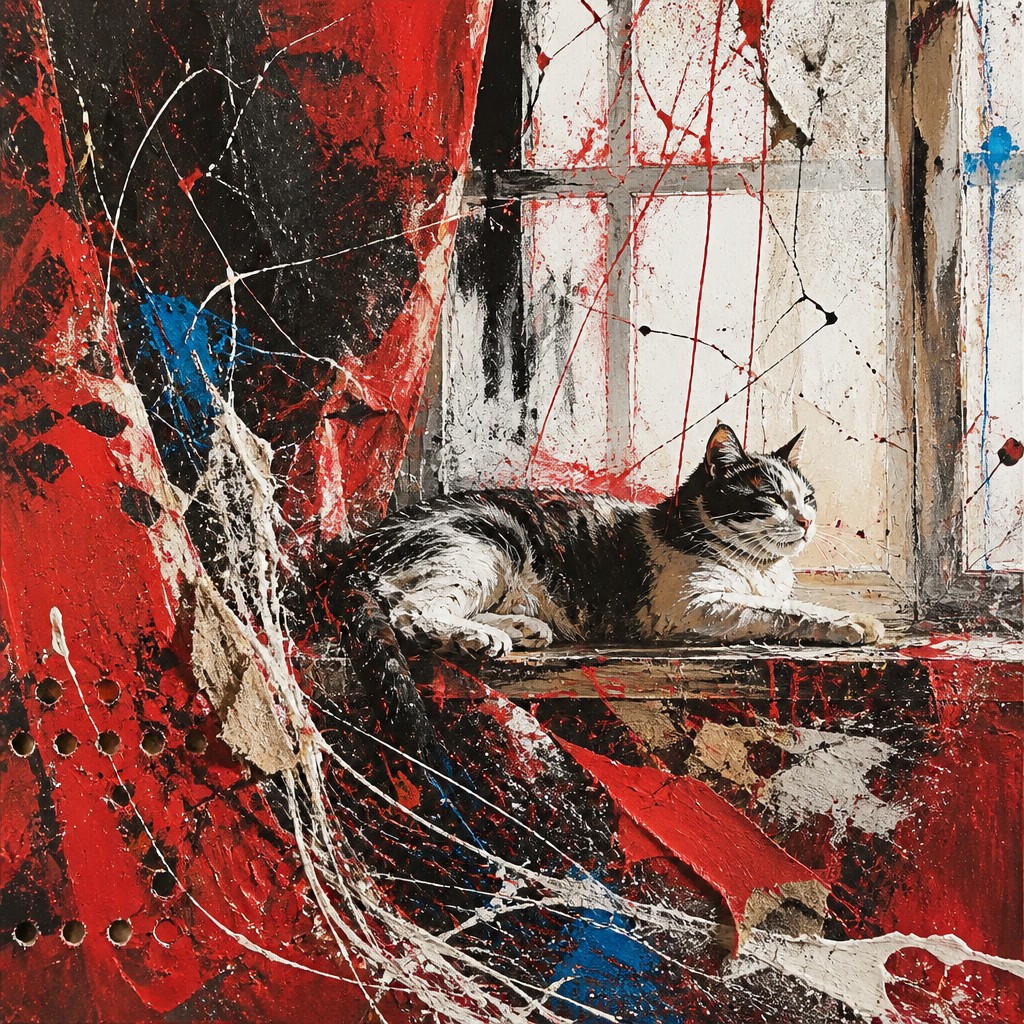 a cat lounging in a sunlit window — Gutai Art Style
