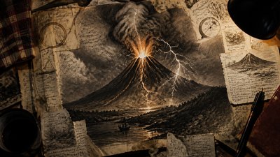 an erupting volcano with lightning strikes, dramatic wide composition, no text
