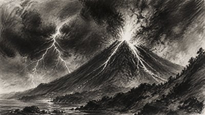 an erupting volcano with lightning strikes, dramatic wide composition, no text