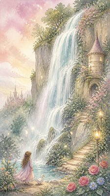 towering waterfall cascading down a cliff