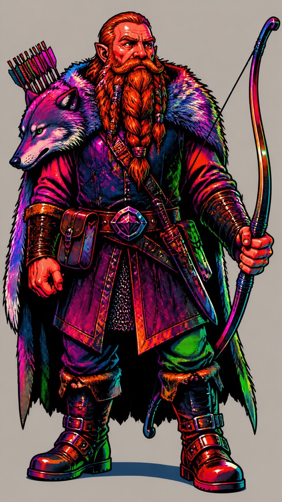 full-body original character: a dwarven ranger with a braided auburn beard, worn leather armor, a longbow and a wolf-pelt cloak, neutral background, no text