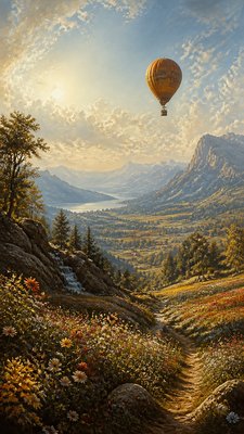 a hot air balloon drifting over rolling flower fields on a sunny day, cheerful, no text