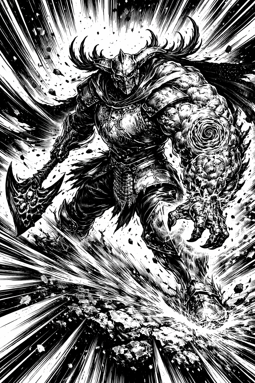 a black and white drawing of a demon