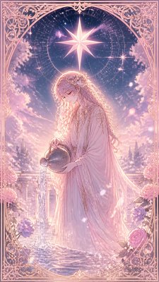 a robed figure pouring water beneath a large eight-pointed star in a night sky, symmetrical composition with an ornate decorative border, no text