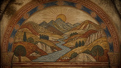 a vast valley with a river winding toward distant mountains at sunrise, no people, no text
