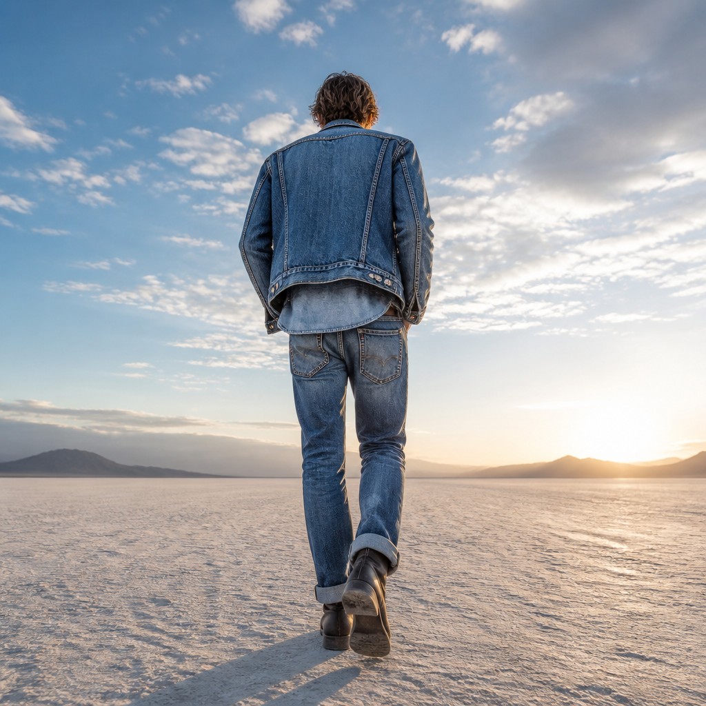 a solitary figure walking toward a glowing horizon across an empty plain, moody atmosphere, no text or lettering