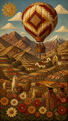 a hot air balloon drifting over rolling flower fields on a sunny day, cheerful, no text