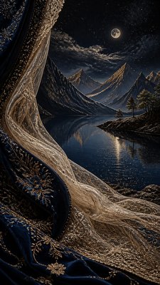 a tranquil mountain lake beneath a starry night sky, no people, no text