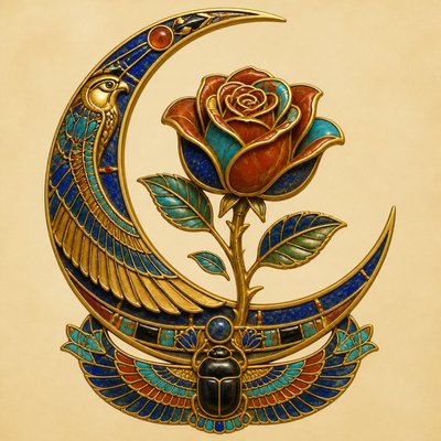 a rose entwined with a crescent moon, clean balanced composition on a plain background, no text