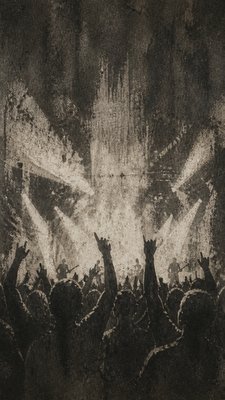 a live music scene with a glowing stage and silhouetted crowd, energetic vertical composition with open space at the top, no text
