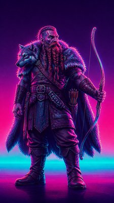 full-body original character: a dwarven ranger with a braided auburn beard, worn leather armor, a longbow and a wolf-pelt cloak, neutral background, no text