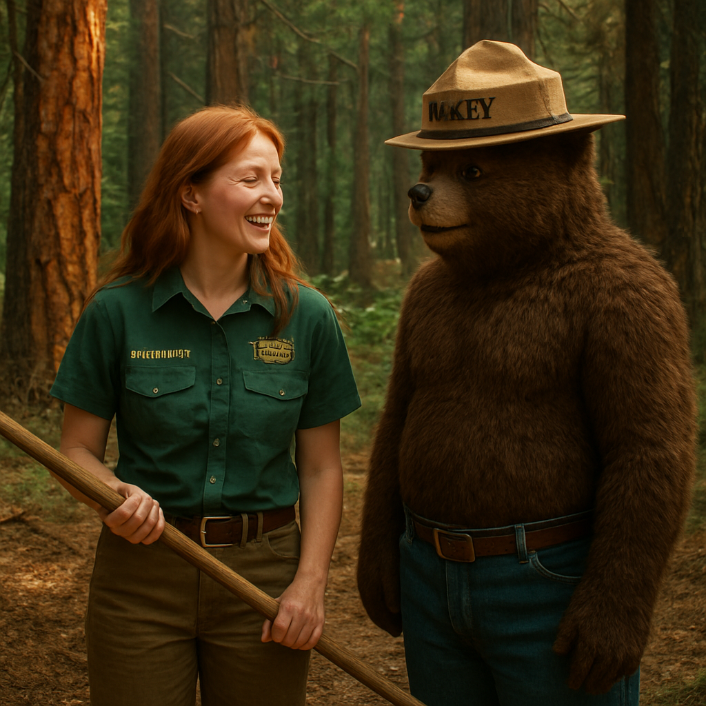 A highly detailed photograph of a cheerful female Camp Host with long, flowing red hair, wearing a forest green uniform shirt and khaki pants. She is standing in the San Juan National Forest and is holding a wooden rake. She is engaged in a friendly conversation with Smokey the Bear. The forest setting features large Ponderosa pine trees with orange bark and the ground is covered in a layer of pine needles and raked debris, illustrating fire prevention efforts. The lighting is soft, natural daylight filtering through the trees, giving a warm and encouraging tone. Focus on realistic texture for the uniform, hair, and pine needles.