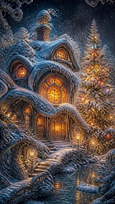 a snow-covered cottage with warm glowing windows beside a decorated pine tree, gentle snowfall, no text