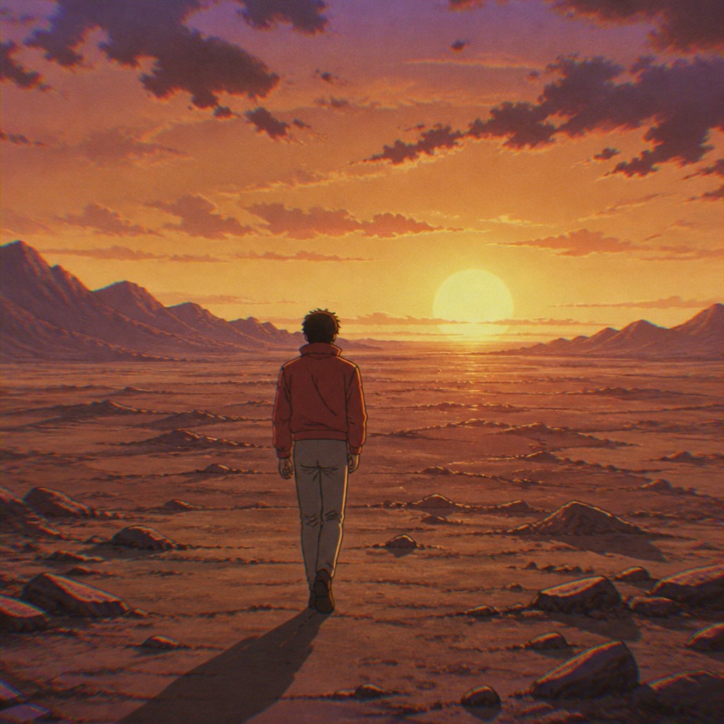 a solitary figure walking toward a glowing horizon across an empty plain, moody atmosphere, no text or lettering