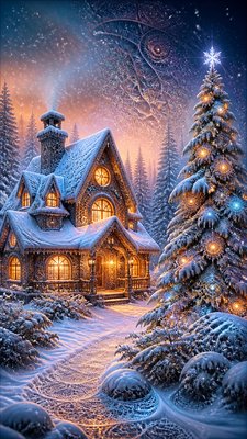 a snow-covered cottage with warm glowing windows beside a decorated pine tree, gentle snowfall, no text