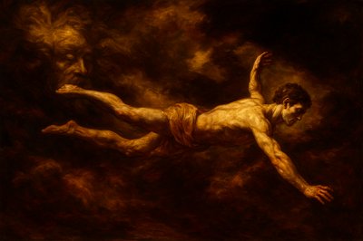 a painting of a man floating in the air