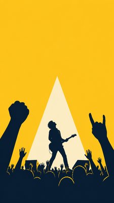 a live music scene with a glowing stage and silhouetted crowd, energetic vertical composition with open space at the top, no text