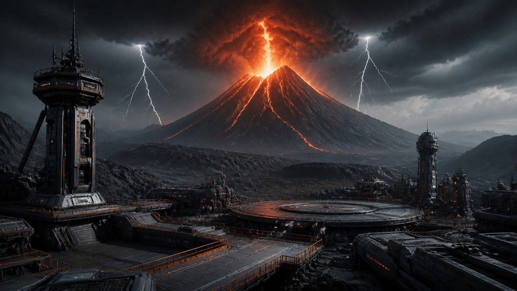 an erupting volcano with lightning strikes, dramatic wide composition, no text