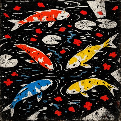 A koi pond seen from above, orange and white koi fish swimming among lily pads, clear water with subtle ripples, fallen cherry blossom petals floating on the surface, dappled sunlight