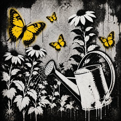 a garden scene with butterflies, flowers and a watering can, clean uncolored line art, no text