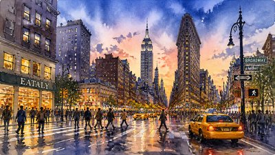 bustling city street panorama at dusk