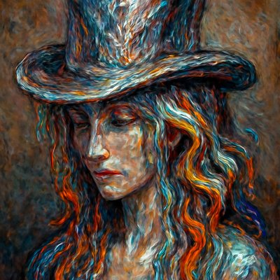 Create a top hat from which liquid metal flows down the hair of a lady with strawberry blonde hair 