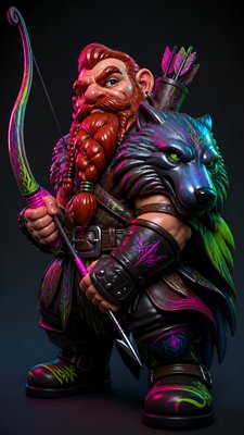 full-body original character: a dwarven ranger with a braided auburn beard, worn leather armor, a longbow and a wolf-pelt cloak, neutral background, no text